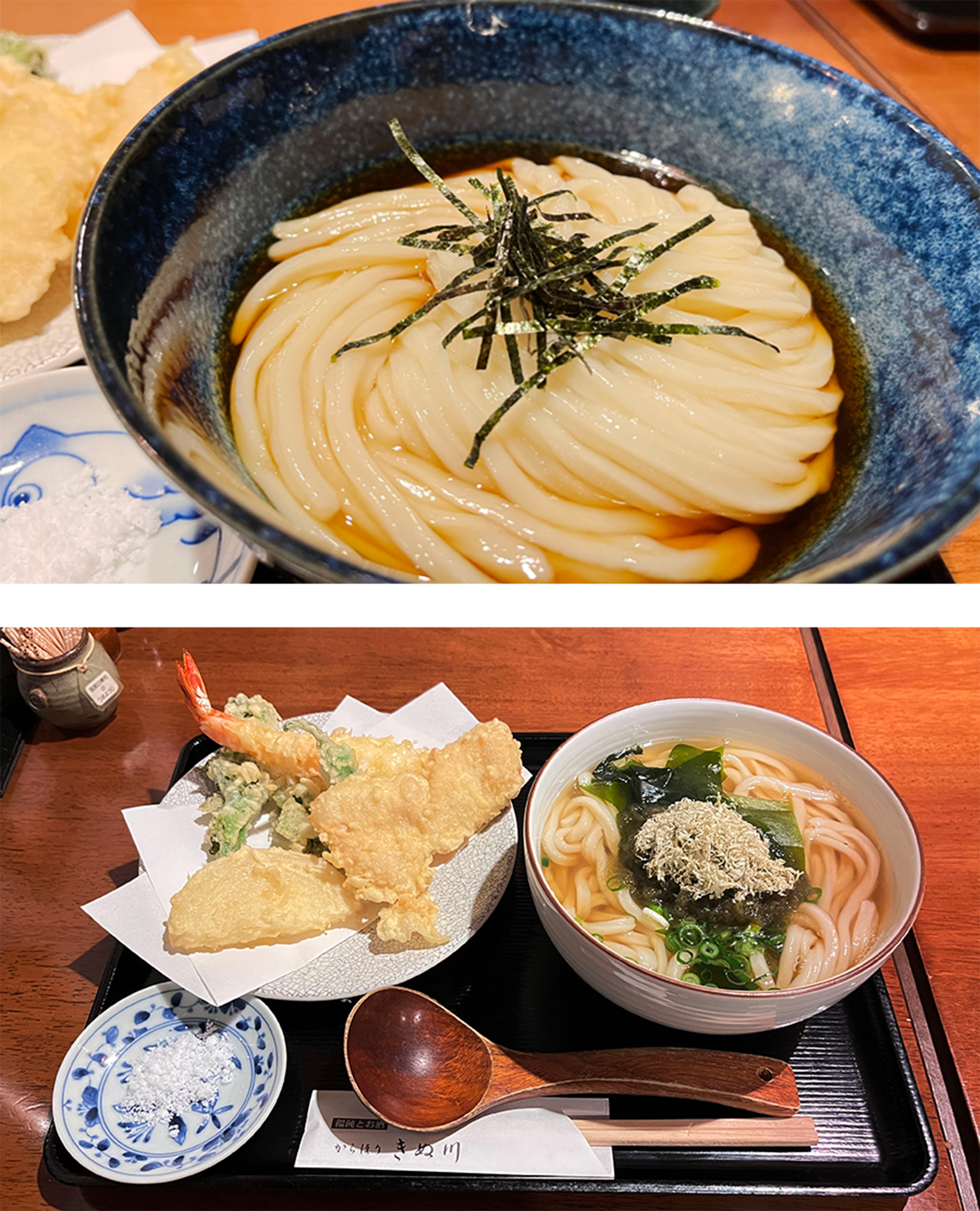 出汁や生醤油など好みの食べ方で楽しめるうどん、天ぷらも絶品